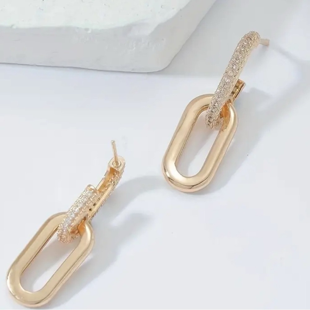 New Gold plated Geometric CZ Earrings push back - Picture 3 of 4